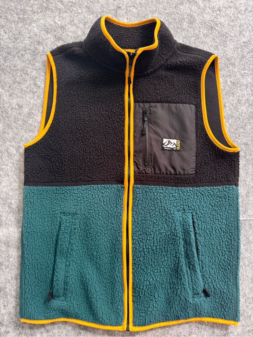 Black + Green Sherpa Fleece Vest with Yellow Trim